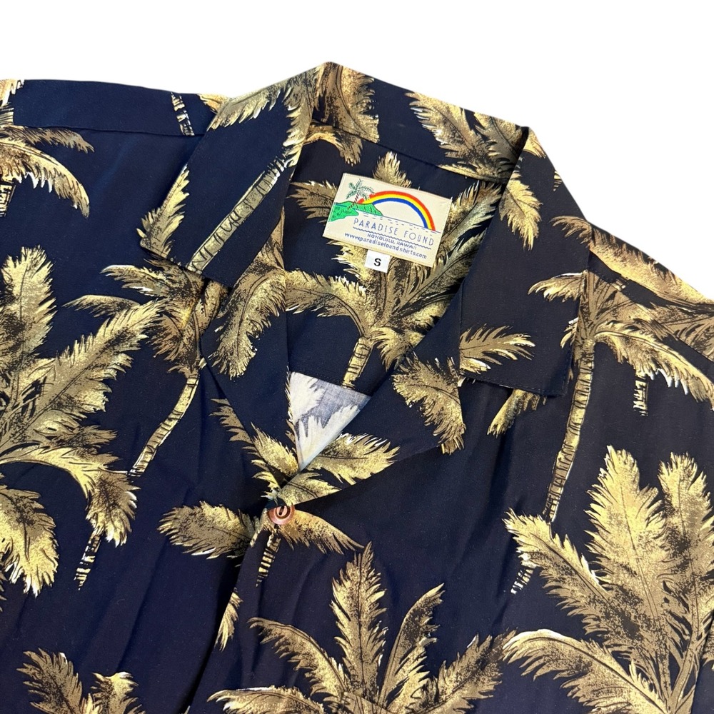 Paradise Found Mens S Hawaiian Shirt Black Gold Palm Tree Rayon Made in Hawaii